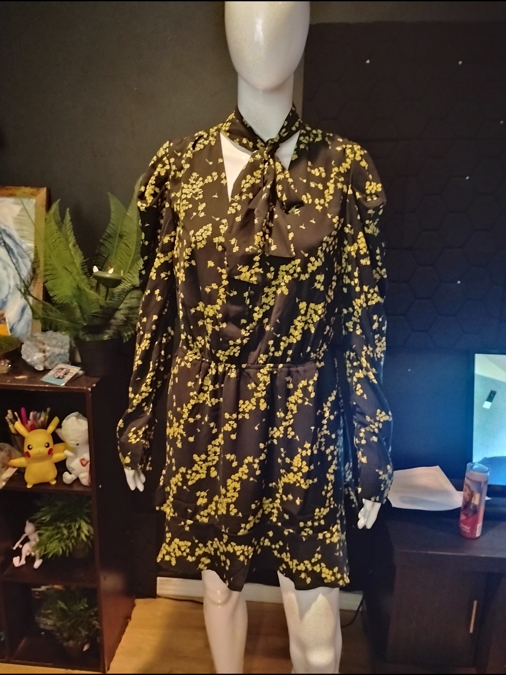 Black Mini Dress with Yellow Floral Print and Neck Tie - Picture 2 of 4